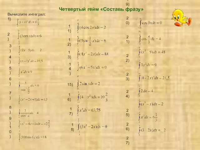 Четвертый гейм «Составь фразу» Вычислите интеграл: 1) 2) 3) 4) 5) 6)