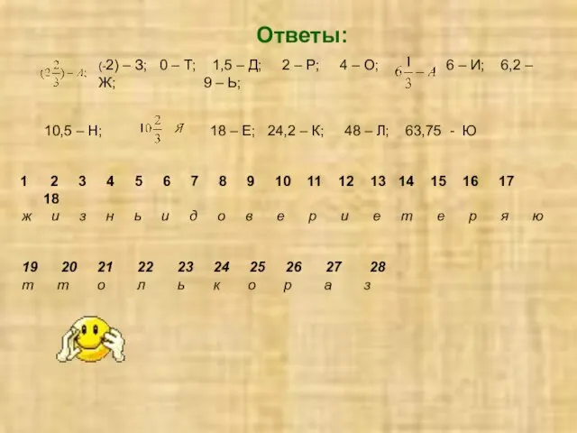 Ответы: (-2) – З; 0 – Т; 1,5 – Д; 2 –