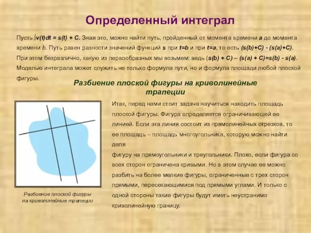 Определенный интеграл Пусть ∫v(t)dt = s(t) + C. Зная это, можно найти