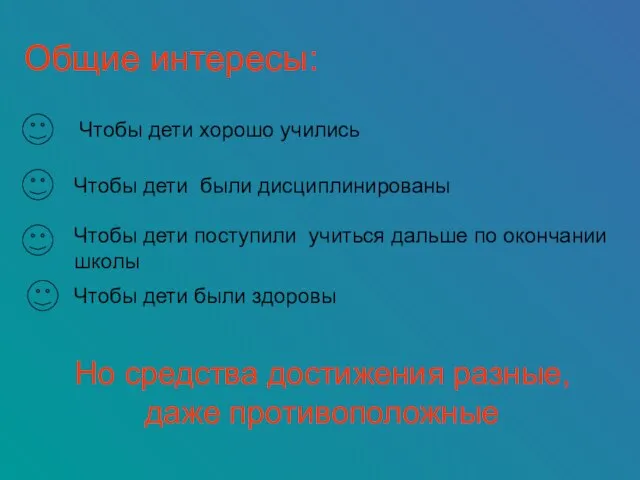 Общие интересы: Чтобы дети хорошо учились Чтобы дети были дисциплинированы Чтобы дети