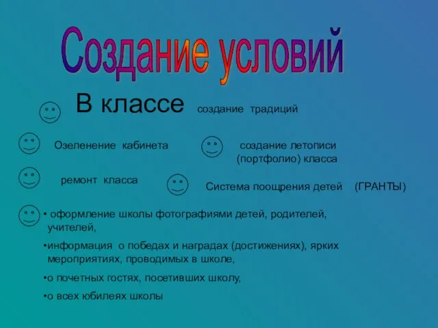 В классе создание традиций Озеленение кабинета создание летописи (портфолио) класса ремонт класса