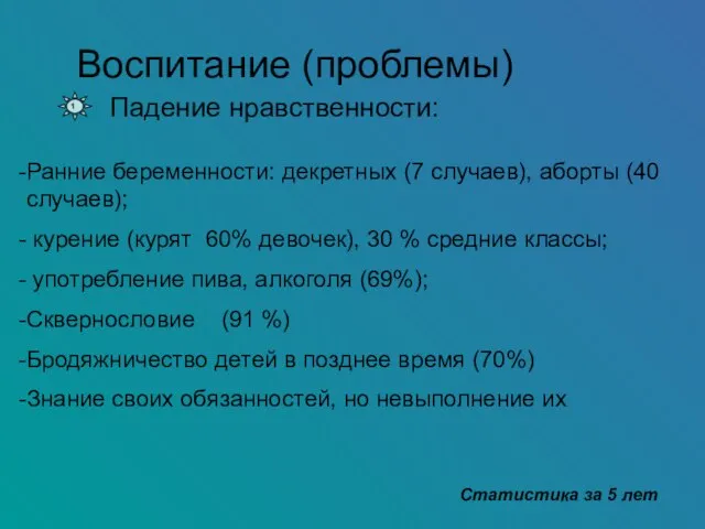 Воспитание (проблемы) Падение нравственности: 1 Ранние беременности: декретных (7 случаев), аборты (40