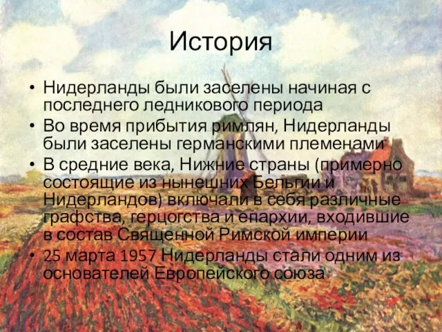 История Нидерланды были заселены начиная с последнего ледникового периода Во время прибытия