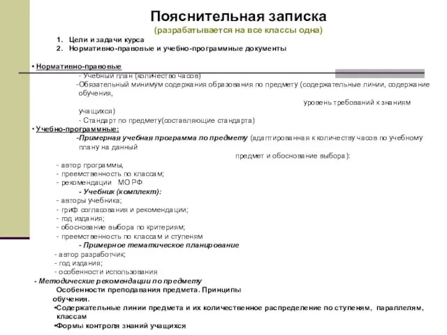 Пояснительная записка (разрабатывается на все классы одна) 1. Цели и задачи курса