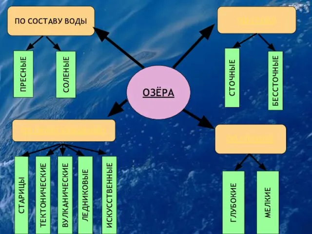 ПО СОСТАВУ ВОДЫ ПО СТОКУ ОЗЁРА ПО ПРОИСХОЖДЕНИЮ ПО ГЛУБИНЕ ПРЕСНЫЕ СОЛЕНЫЕ