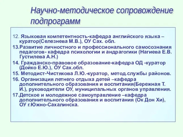 12. Языковая компетентность-кафедра английского языка –куратор(Селезнева М.В.), ОУ Сах. обл. 13.Развитие личностного