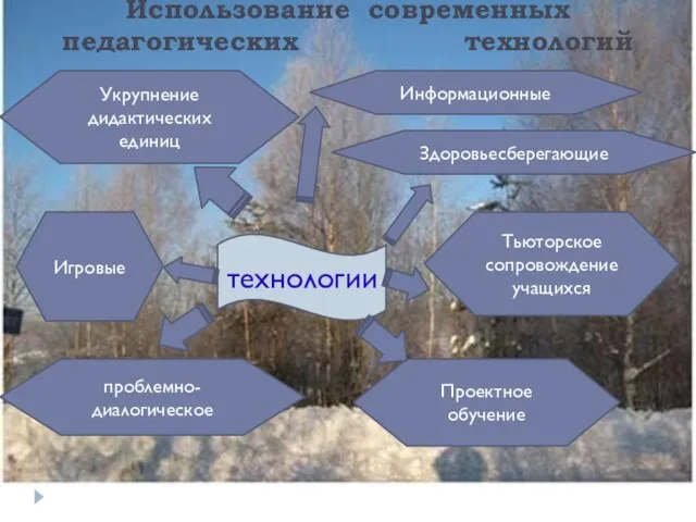 Использование современных педагогических технологий технологии Проектное обучение Укрупнение дидактических единиц проблемно- диалогическое