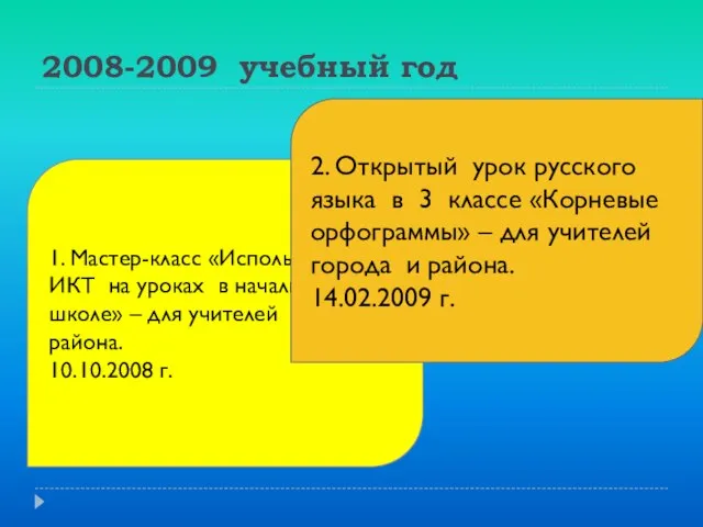 2008-2009 учебный год 1. Мастер-класс «Использование ИКТ на уроках в начальной школе»