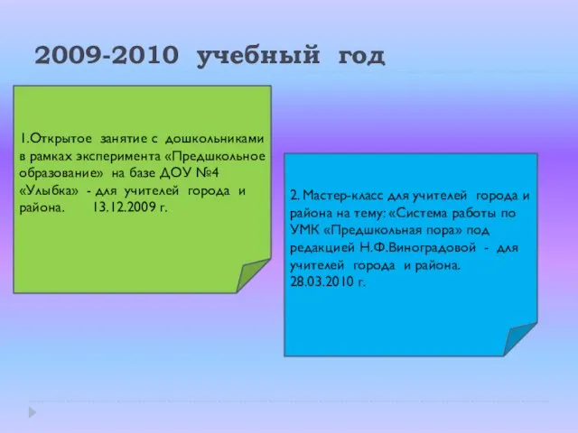 2009-2010 учебный год 1.Открытое занятие с дошкольниками в рамках эксперимента «Предшкольное образование»