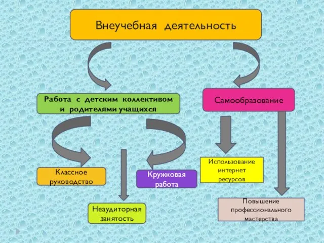 Внеучебная деятельность Работа с детским коллективом и родителями учащихся Самообразование Классное руководство