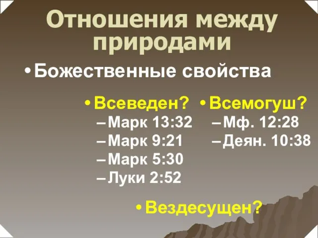 Всеведен? Марк 13:32 Марк 9:21 Марк 5:30 Луки 2:52 Всемогуш? Мф. 12:28