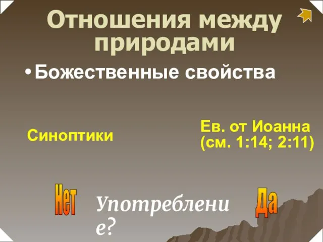 Употребление? Да Нет Синоптики Ев. от Иоанна (см. 1:14; 2:11) Отношения между природами Божественные свойства