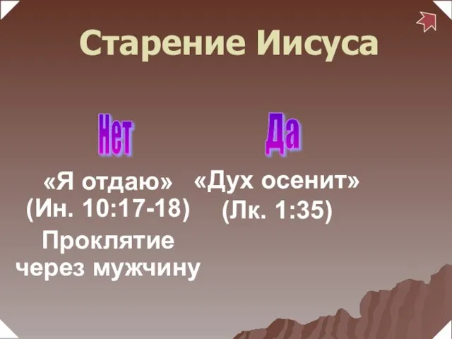 «Дух осенит» (Лк. 1:35) Да Нет «Я отдаю» (Ин. 10:17-18) Проклятие через мужчину Старение Иисуса