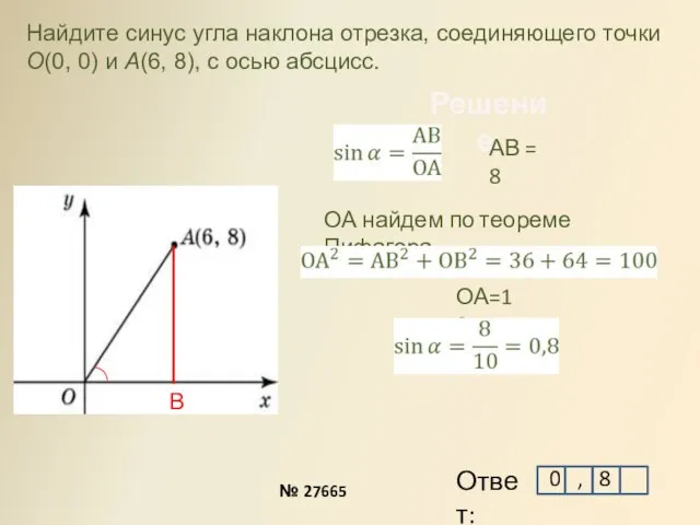 Решение: № 27665 Найдите синус угла наклона отрезка, соединяющего точки O(0, 0)