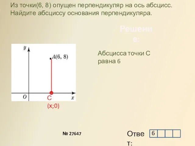 Решение: С(х;0) № 27647 Из точки(6, 8) опущен перпендикуляр на ось абсцисс.