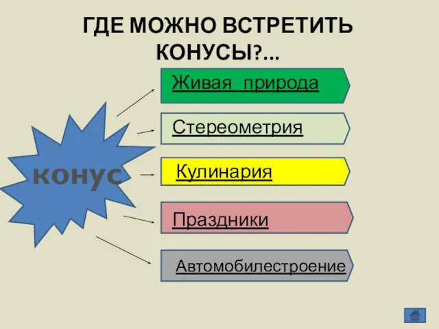 Живая природа Стереометрия Кулинария Праздники Автомобилестроение ГДЕ МОЖНО ВСТРЕТИТЬ КОНУСЫ?... конус