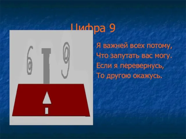 Цифра 9 Я важней всех потому, Что запутать вас могу. Если я перевернусь, То другою окажусь.