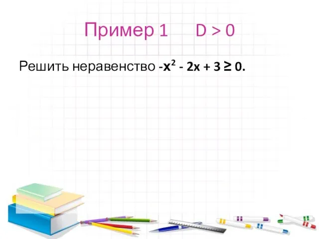 Пример 1 D > 0 Решить неравенство -х2 - 2x + 3 ≥ 0.