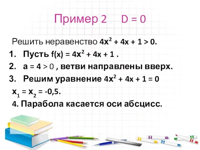 Пример 2 D = 0 Решить неравенство 4х2 + 4x + 1