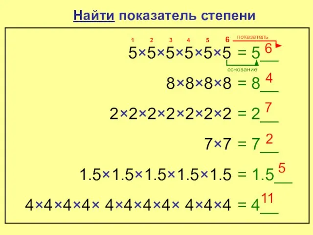 Найти показатель степени 5×5×5×5×5×5 = 5__ 6 1 2 3 4 5