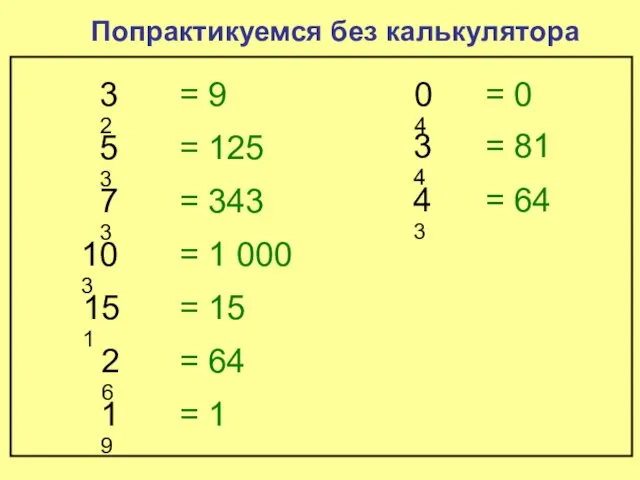 Попрактикуемся без калькулятора 32 = 9 53 = 125 73 = 343