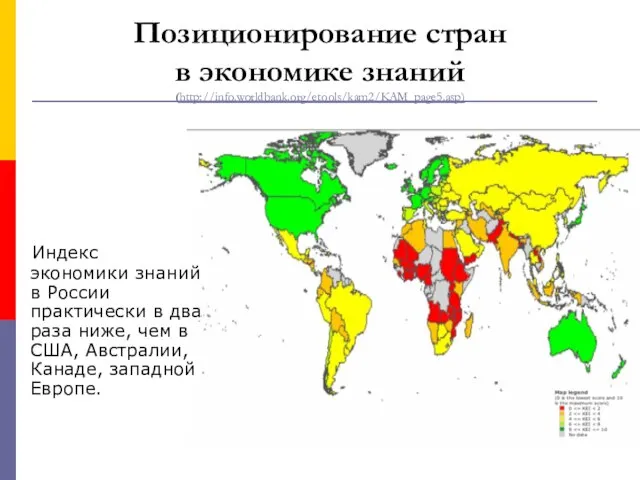 Позиционирование стран в экономике знаний (http://info.worldbank.org/etools/kam2/KAM_page5.asp) Индекс экономики знаний в России практически