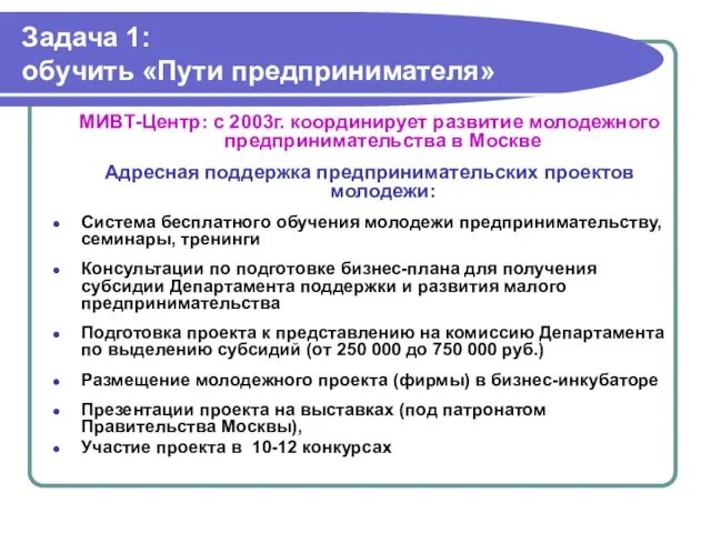 Задача 1: обучить «Пути предпринимателя» МИВТ-Центр: с 2003г. координирует развитие молодежного предпринимательства