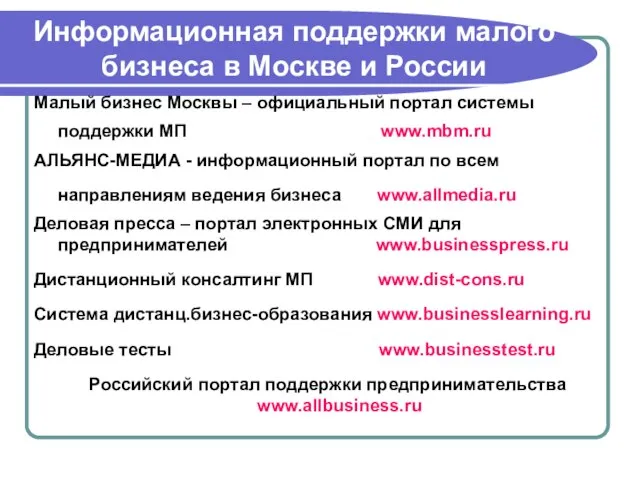 Информационная поддержки малого бизнеса в Москве и России Малый бизнес Москвы –