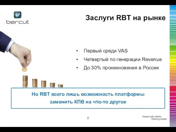 Заслуги RBT на рынке Первый среди VAS Четвертый по генерации Revenue До 30% проникновения в России