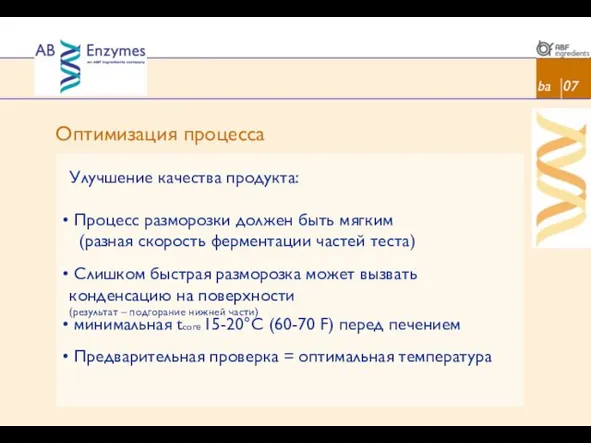 Оптимизация процесса ba 07 Улучшение качества продукта: Процесс разморозки должен быть мягким