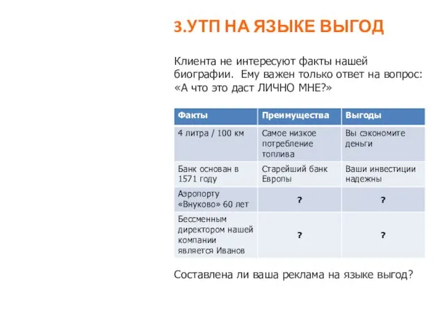 3.УТП НА ЯЗЫКЕ ВЫГОД Клиента не интересуют факты нашей биографии. Ему важен