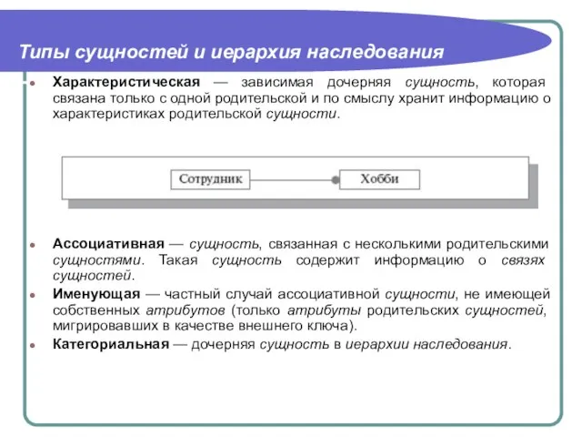 Типы сущностей и иерархия наследования Характеристическая — зависимая дочерняя сущность, которая связана