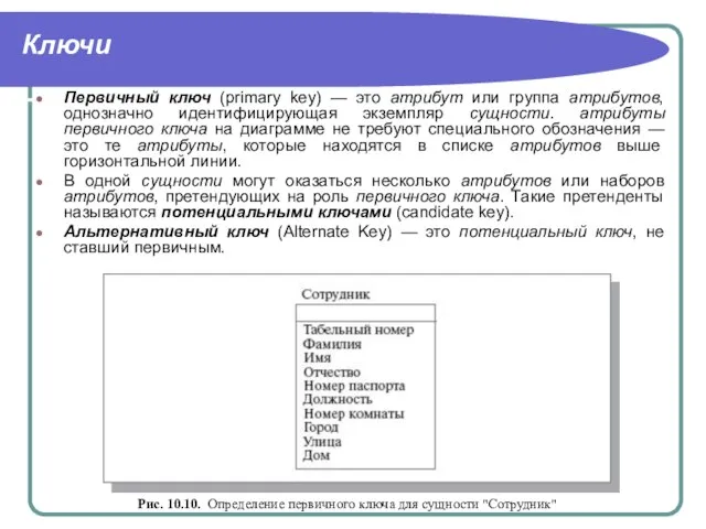 Ключи Первичный ключ (primary key) — это атрибут или группа атрибутов, однозначно