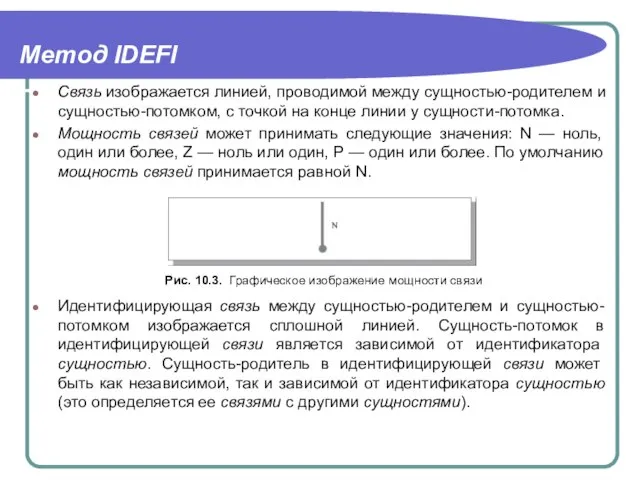 Метод IDEFI Связь изображается линией, проводимой между сущностью-родителем и сущностью-потомком, с точкой