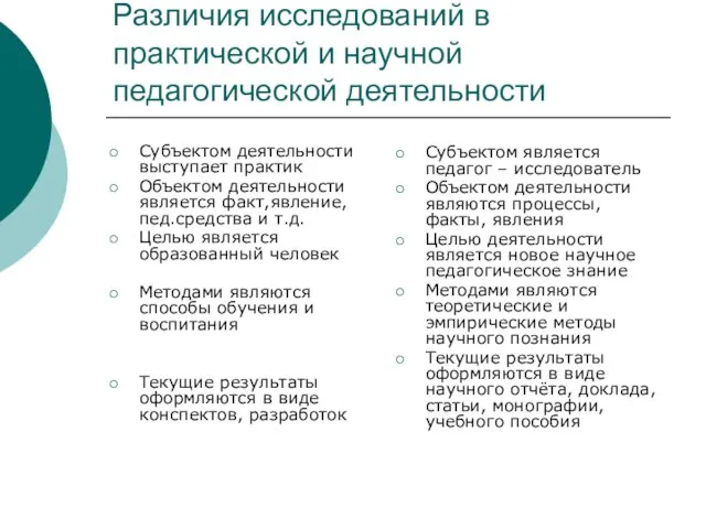 Различия исследований в практической и научной педагогической деятельности Субъектом деятельности выступает практик