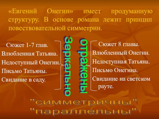 «Евгений Онегин» имеет продуманную структуру. В основе романа лежит принцип повествовательной симметрии.