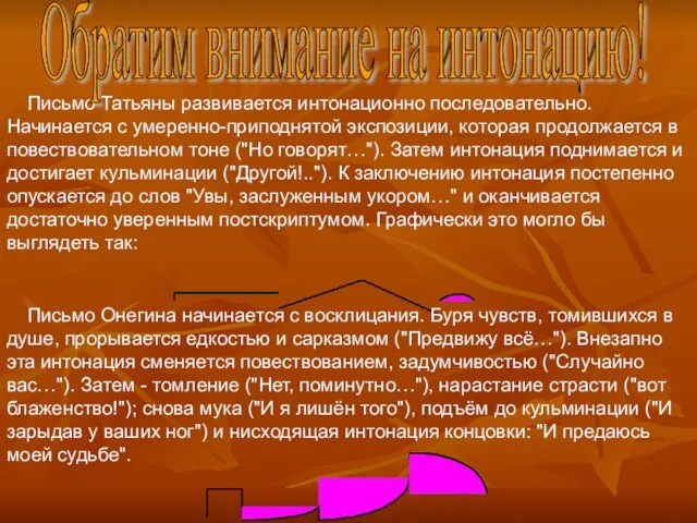 Письмо Татьяны развивается интонационно последовательно. Начинается с умеренно-приподнятой экспозиции, которая продолжается в