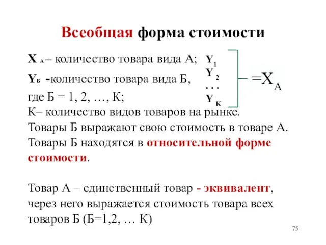 Всеобщая форма стоимости X А – количество товара вида А; YБ -количество