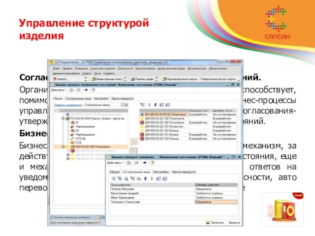 Управление структурой изделия Согласование и утверждение, изменение состояний. Организации эффективного документооборота способствует,