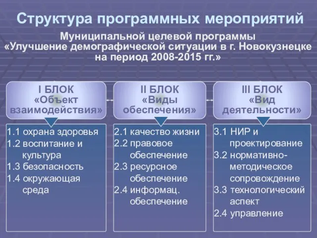 Структура программных мероприятий Муниципальной целевой программы «Улучшение демографической ситуации в г. Новокузнецке