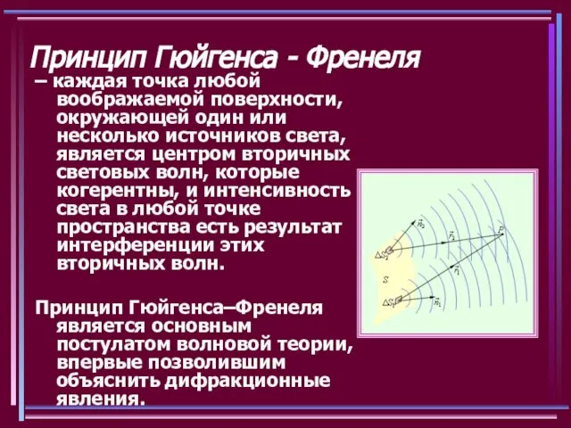 Принцип Гюйгенса - Френеля – каждая точка любой воображаемой поверхности, окружающей один