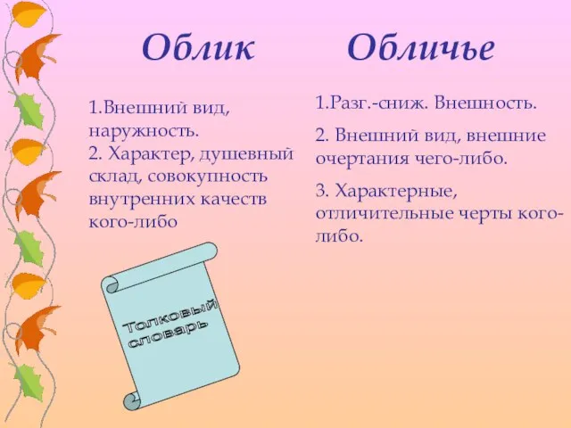 Облик Обличье 1.Разг.-сниж. Внешность. 2. Внешний вид, внешние очертания чего-либо. 3. Характерные,