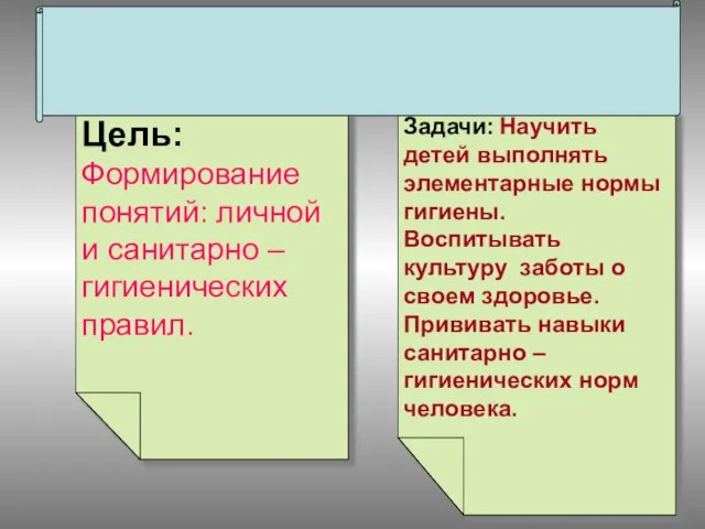 Цель: Формирование понятий: личной и санитарно – гигиенических правил. Задачи: Научить детей