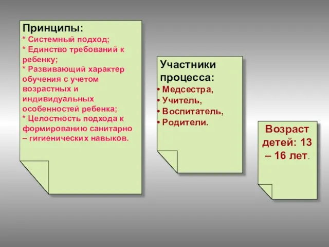 Принципы: * Системный подход; * Единство требований к ребенку; * Развивающий характер