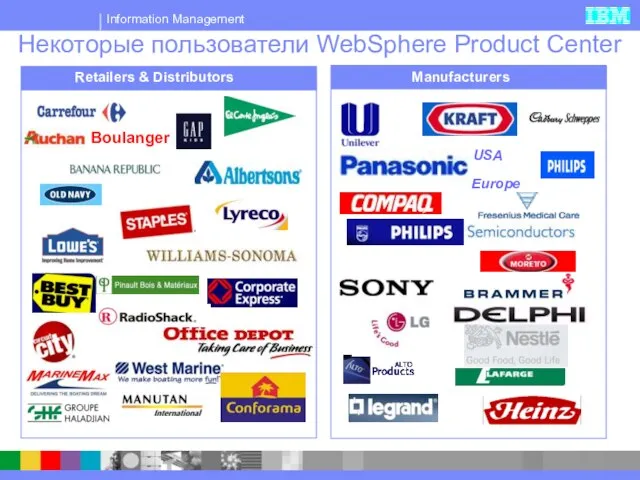 Некоторые пользователи WebSphere Product Center Retailers & Distributors Manufacturers Europe USA