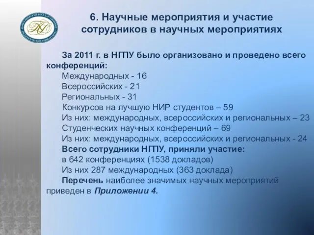 6. Научные мероприятия и участие сотрудников в научных мероприятиях За 2011 г.