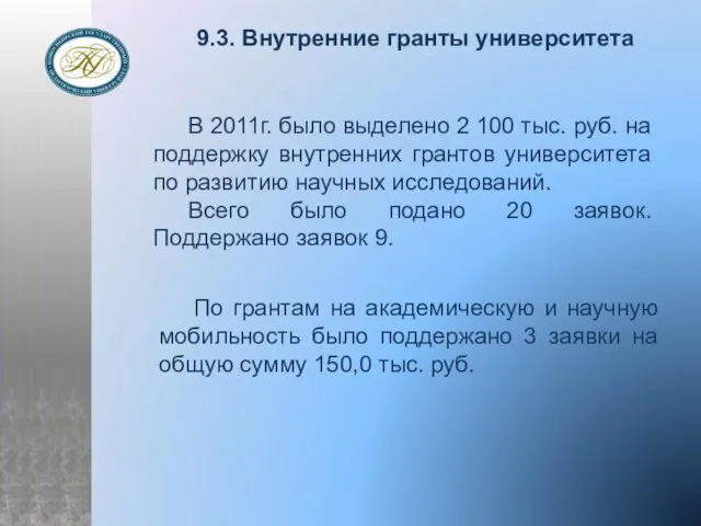 9.3. Внутренние гранты университета В 2011г. было выделено 2 100 тыс. руб.