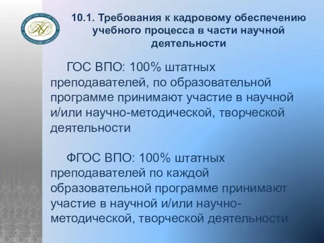 10.1. Требования к кадровому обеспечению учебного процесса в части научной деятельности ГОС