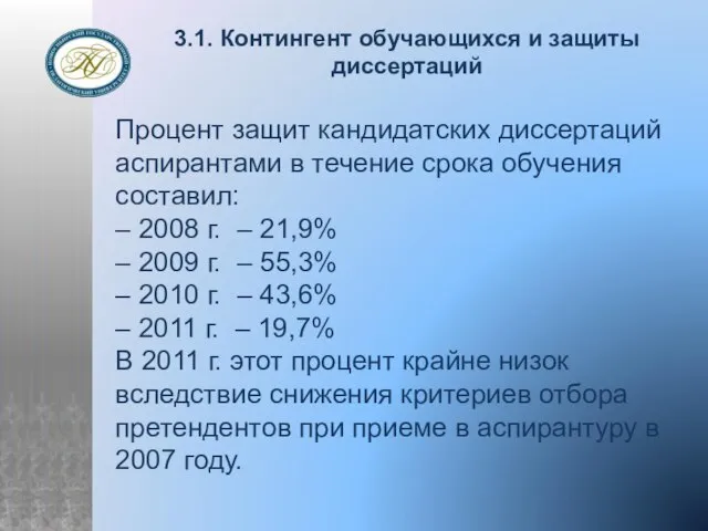 3.1. Контингент обучающихся и защиты диссертаций Процент защит кандидатских диссертаций аспирантами в