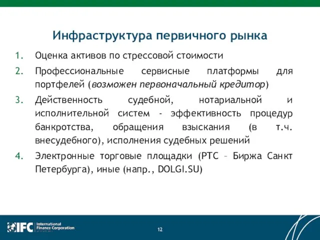 Инфраструктура первичного рынка Оценка активов по стрессовой стоимости Профессиональные сервисные платформы для